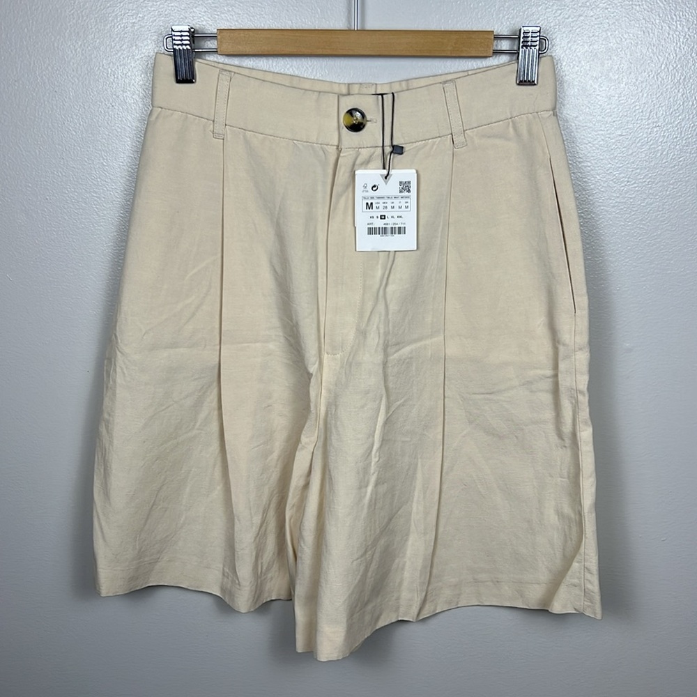 Zara High Waisted Pleated Linen blend Beige- yellow Women's Shorts NWT